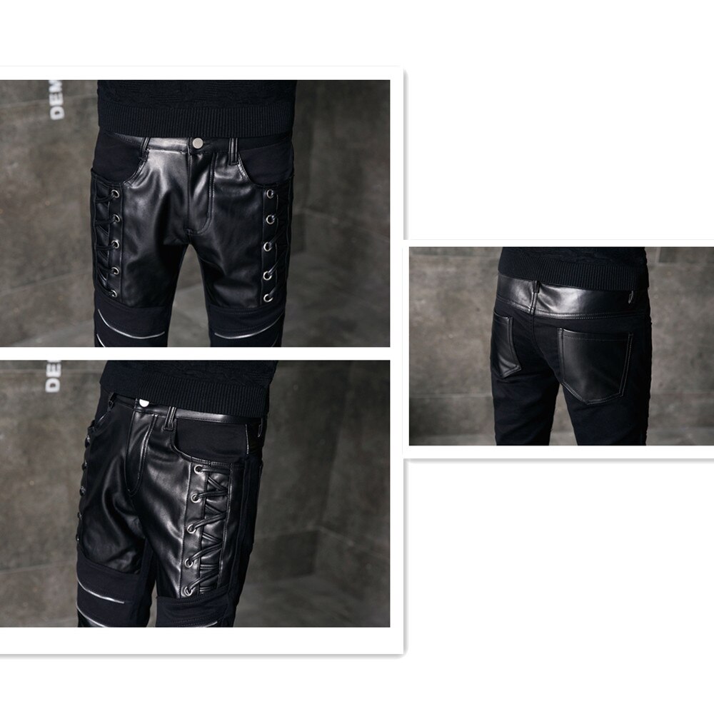Fashionable Men's Pants Faux Leather Slim Patchwork Casual Man Pants 28-36 Male Pu Leather Trousers