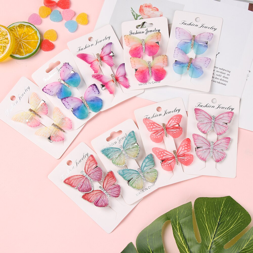 2 Pcs Girls Colorful Butterfly Cartoon Hairpin Children Hair Clips Crystal Sequins Barrettes Princess Hair Accessories