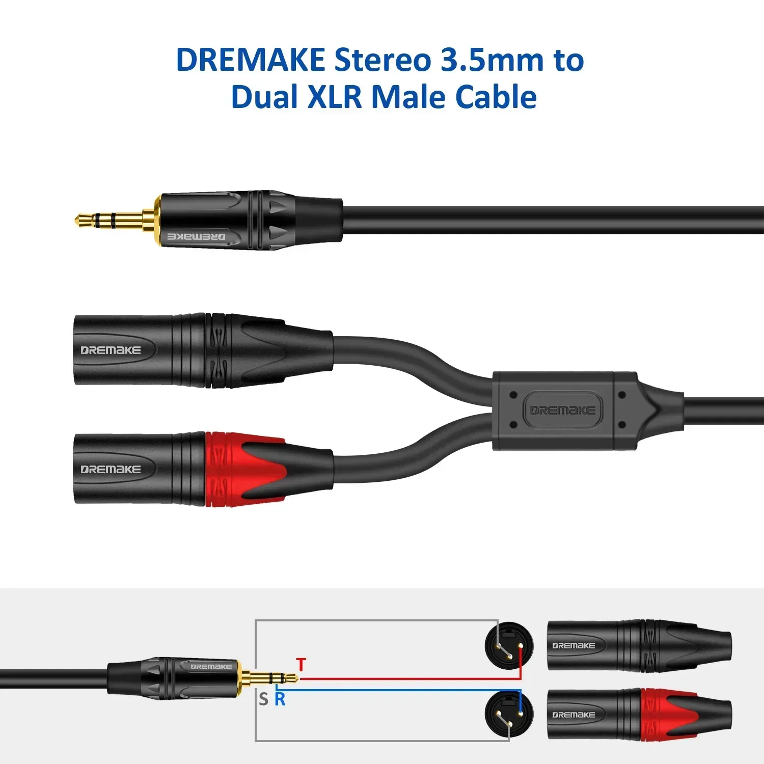 DREMAKE Jack 3,5 mm TRS Stereo do podwójnego XLR męskiego Patch Cord 3,5 mm 1/8 cala do podwójnego XLR męskiego Adapter Breakout Y Splitter Cable