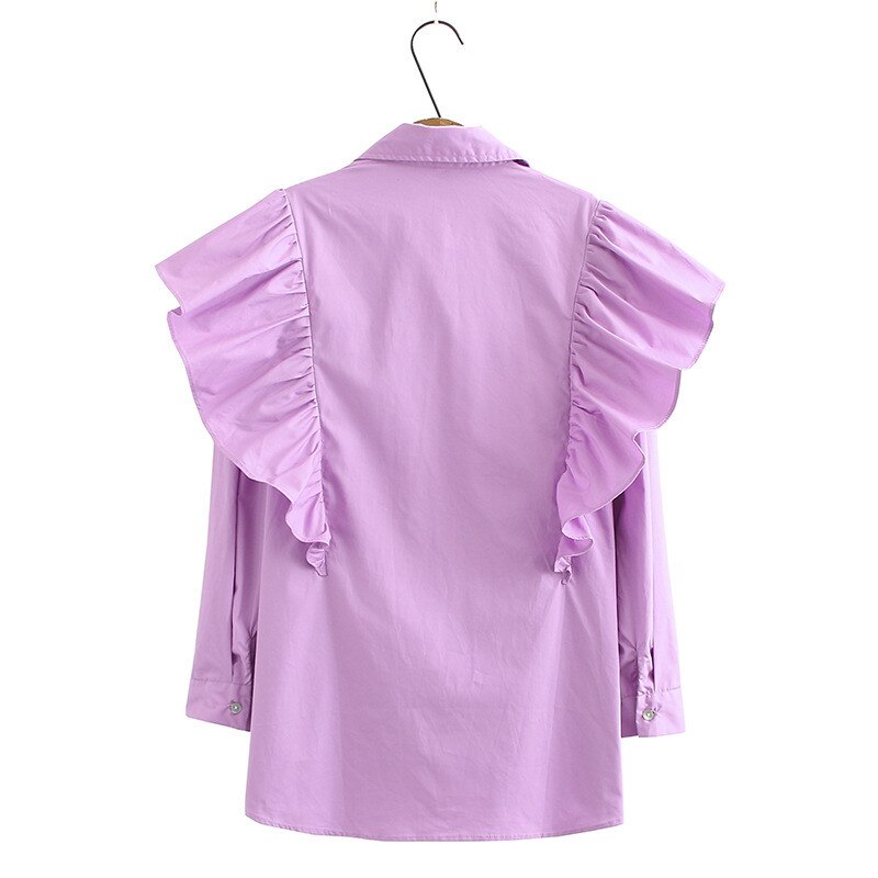 Hsa kvinner sommer poplin bluser langermet turn-dowm krage skjorte topper ensfarget knapp elegant volang bluse