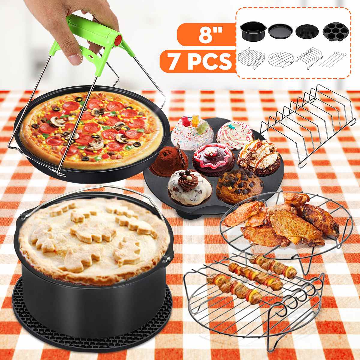 Freidora de aire de silicona de 8 pulgadas, barril de pastel, sartén para Pizza, herramientas de cocina para el hogar, 5,2 ~ 5.8QT, juego de accesorios para freidora de aire 7 en 1