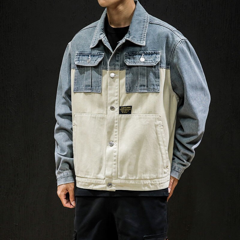 stitching denim jacket, layered stitching loose youth street Cargo jeans jacket coat hip-hop big size 5XL