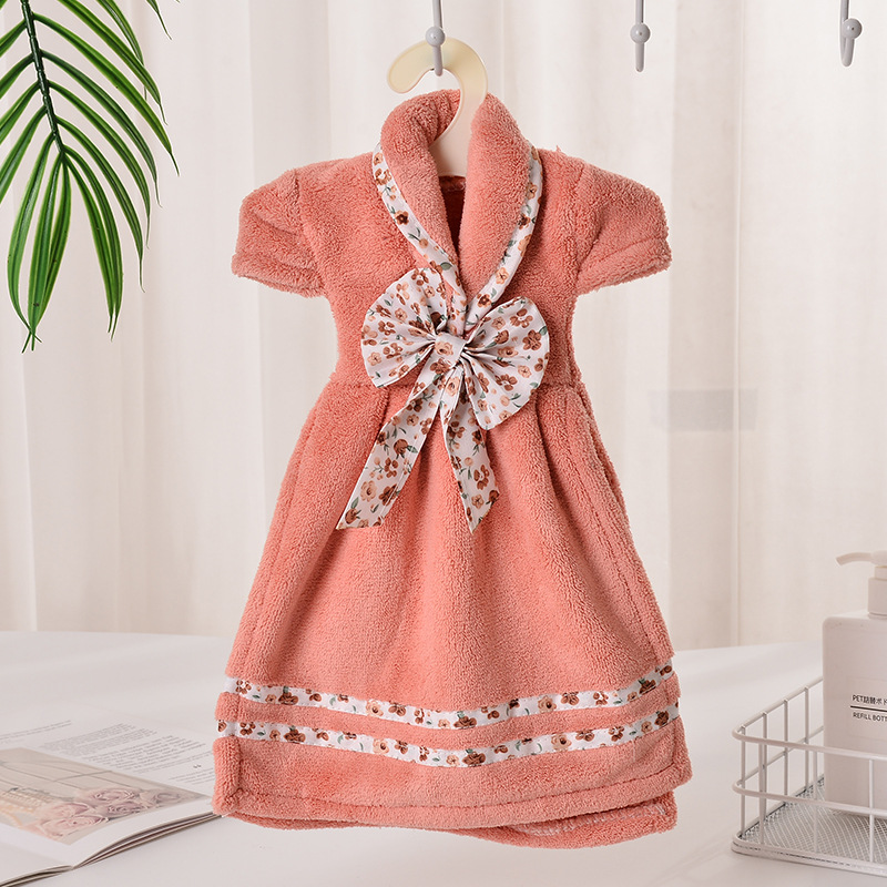 Bathroom Cute Hanging Towel Coraline Bow-knot Skirt Soft Thick Printed Flower Girls Dress Hand Towel for Children to Wipe Hands: Orange