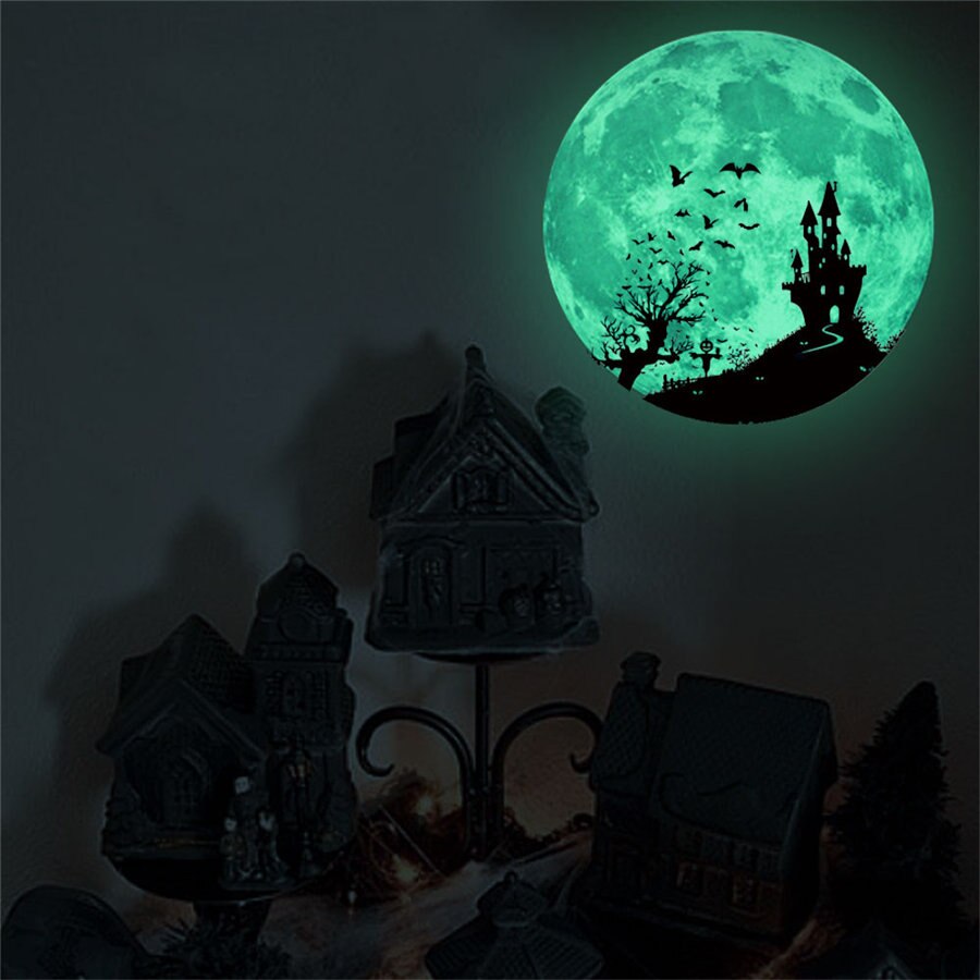 30cm halloween lysende måne klistermærke slot flagermus heks festival væg klistermærke glød i mørkt klistermærke væg klistermærke glad halloween