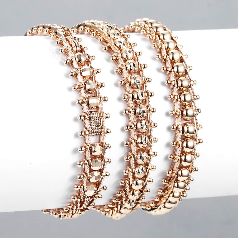 Bangle for Women Girls 585 Rose Gold Bracelet Trendy Hammered Centipede Smooth Carved Beads Ball Chain Wristband CBM03