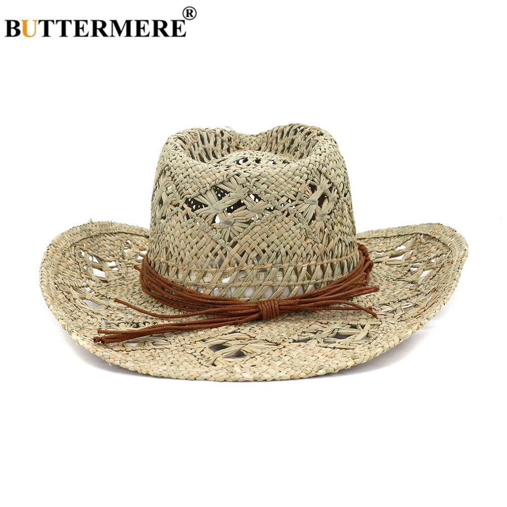 BUTTERMERE-Sombrero de vaquero occidental para hombre y mujer, sombrero para el sol hecho a mano, informal, de paja, ala ancha, accesorios de disfraz