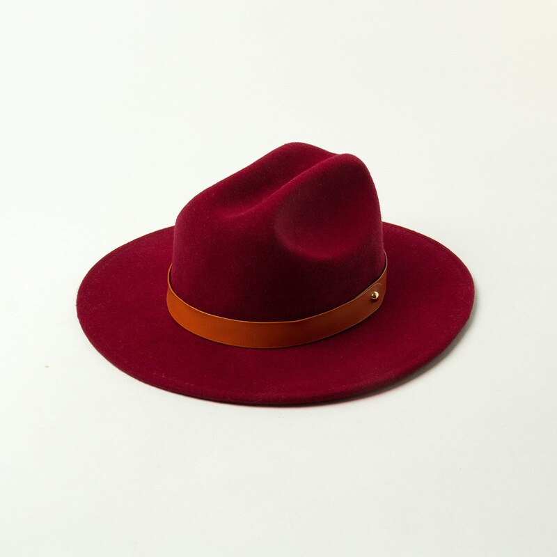 Uspop kvinder efterår vinter hatte 100%  uld fedoras bælte dekoreret jazz hat: Rødvin