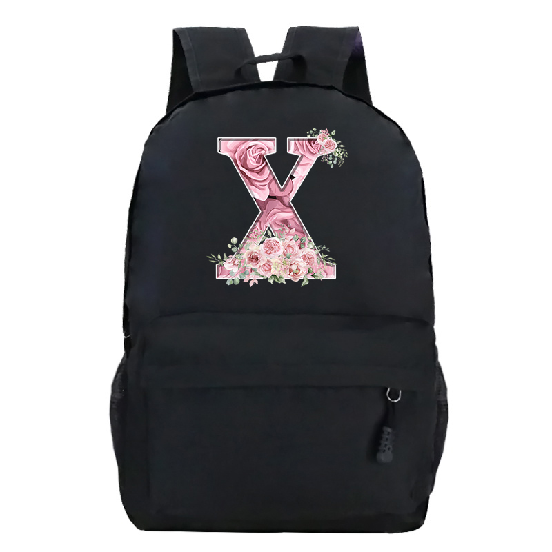 Pink Rose Alphabet Backpack Black Casual Women Aesthetics Rucksack Teenage Girl Boy Flower Letter School Bag Student Mochilas
