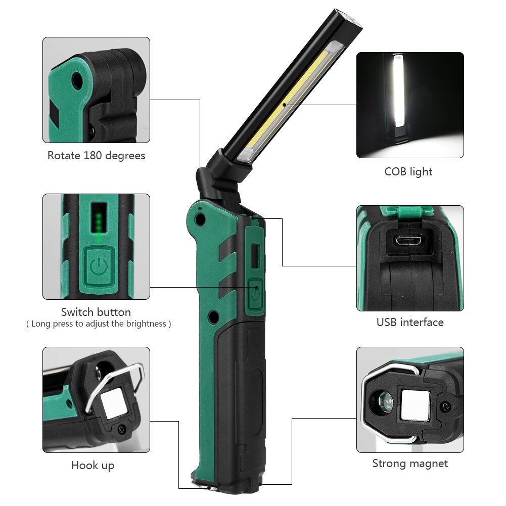 pliable en plein air Camping lumière Portable lanterne USB COB travail lumière lampe de poche avec crochet suspendu, aimant construit batterie