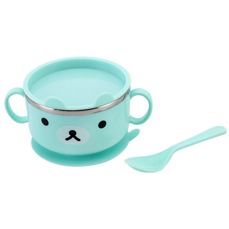 Tigela para bebê, tigela para bebês aprendizagem de desenho animado com capa para o bebê em aço inoxidável ventosa de isolamento tigela de comida suplementar: Green(400ML)