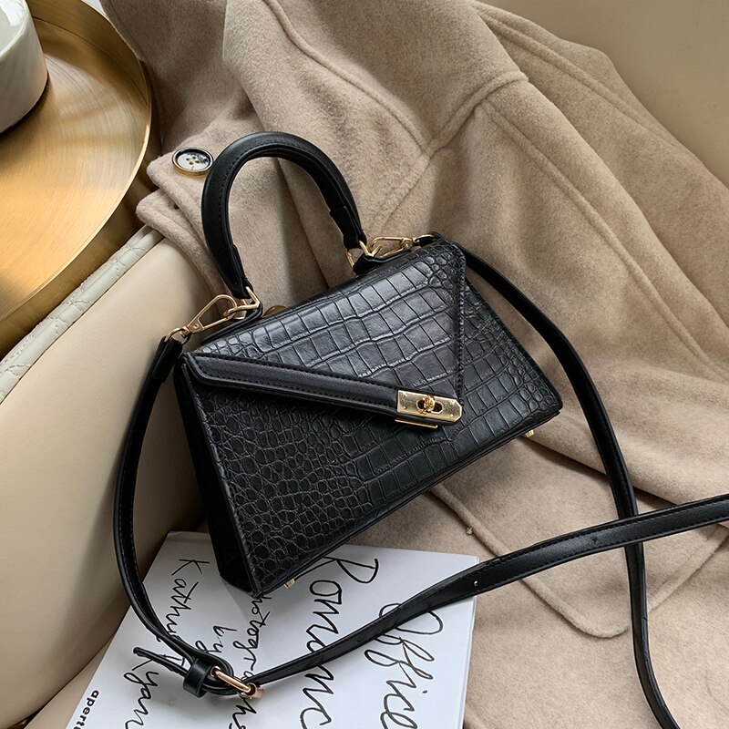 Luxe dames schoudertas met kleine effen kleur, leren crossbody tas met stenen patroon voor dames, dames handtassen: Zwart