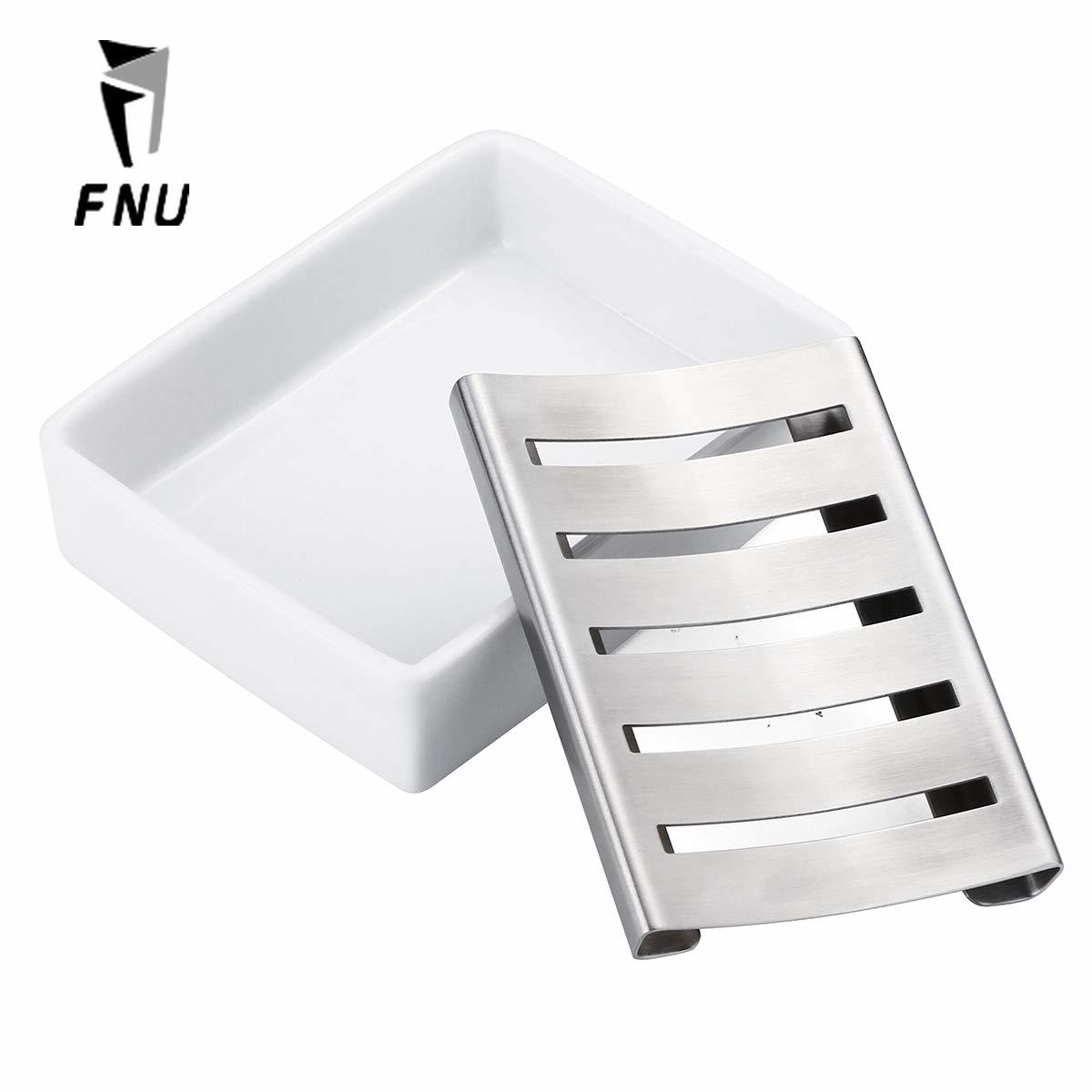 Ceramiczna biel mydelniczka naczynie ze stali nierdzewnej uchwyt na mydło strąk prysznic dwuwarstwowa tacka na mydło ze spustem + 3 szt. Haki na ręczniki