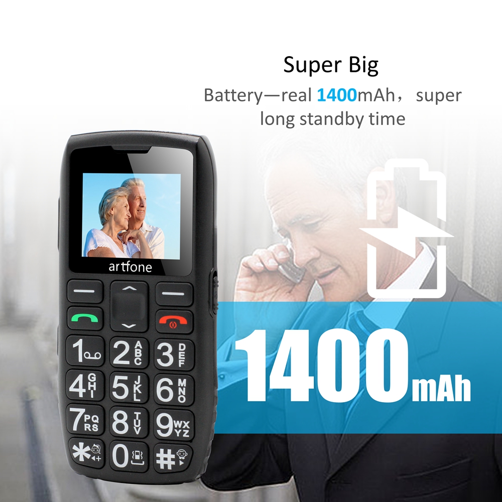 Barra de teléfono móvil para personas mayores Artfone C1 + con base de carga gratuita, teclado de goma grande para personas mayores, doble Sim, una tecla, SOS, FM, 1400mAh