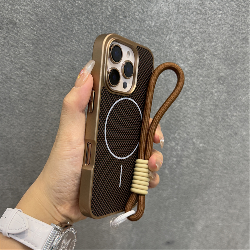 Luxury With Lanyard Kevlar Pattern For Magsafe Phone Case For iPhone 16 15 14 13 12 Pro Max Magnetic Wireless Charging Cover: Beige / For iPhone 16 Pro Max