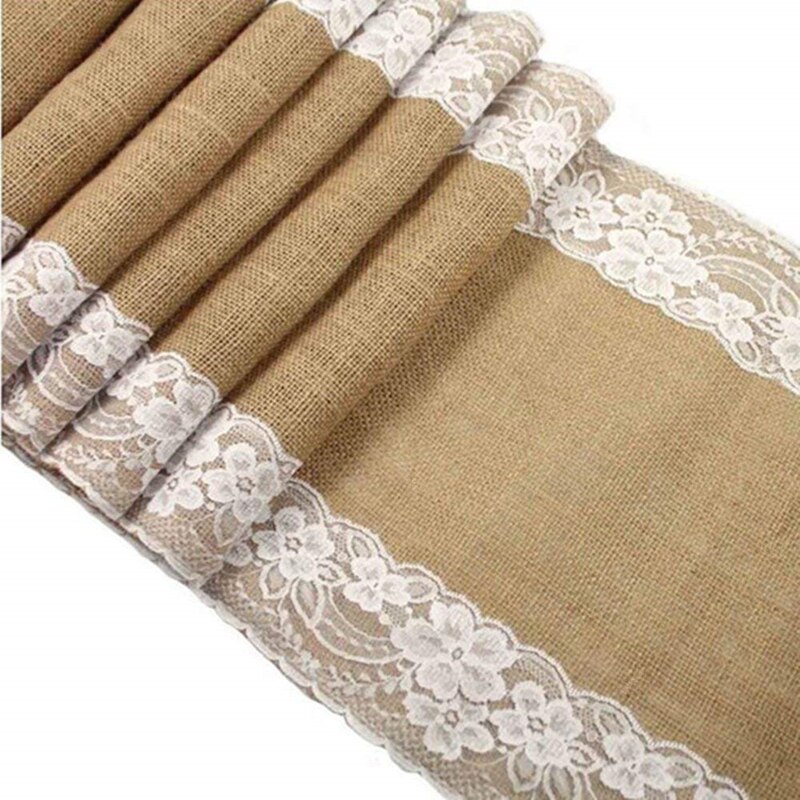 Jute säckväv spets hessian bordslöpare 30 x 275cm vintage evenemang festtillbehör spets bordslöpare för bröllopstillbehör  aa7921