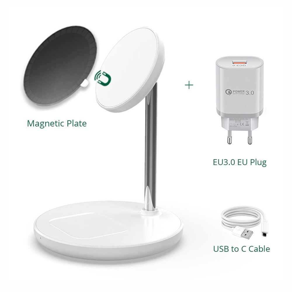 Magnetic Wireless Charger 2 in 1 Stand For iPhone 13/12 Pro/11/X Desktop Phone Holder 15W Qi Wireless Charging For Airpods 2 3: White EU Magnet