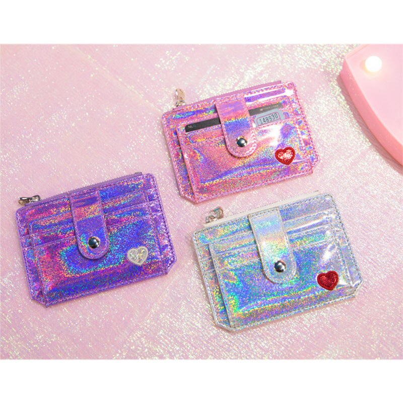Glänsande myntväska kvinnor harajuku stil pu dragkedja multi-kort position kort snap-on plånbok utomhus resor tarjetero