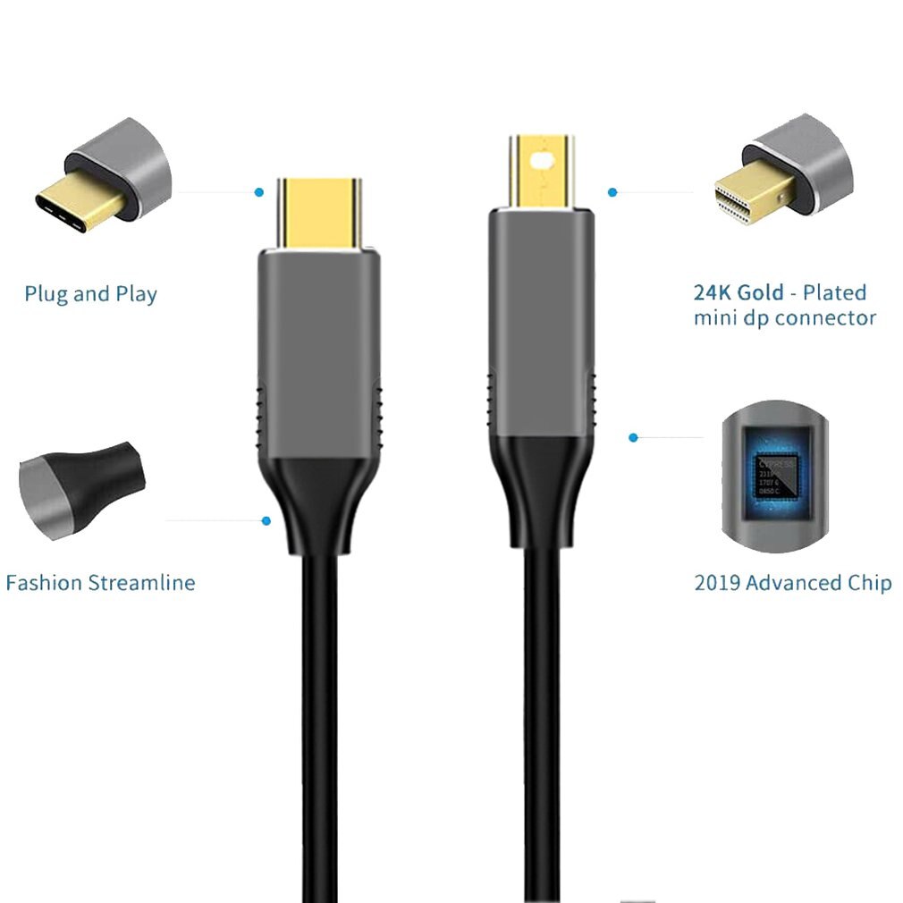 Usbc til mini displayport kabel 6ft usb type c tordenbolt 3 til mini dp ledning 4k praktiske bærbare kabler kombinert type onleny