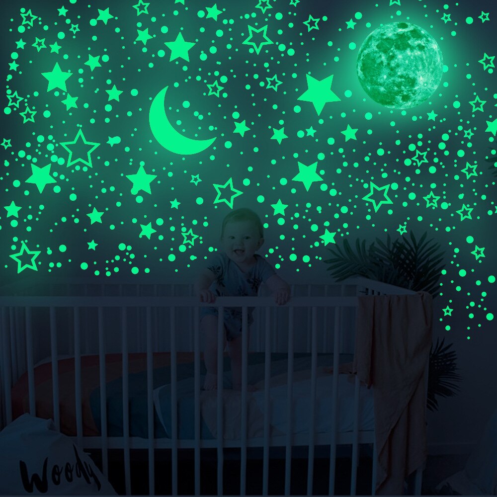 Gloeiende holle ster maan stippen muurstickers huisdecoratie glow in the dark sticker vinyl babykamer slaapkamer woonkamer decoratie