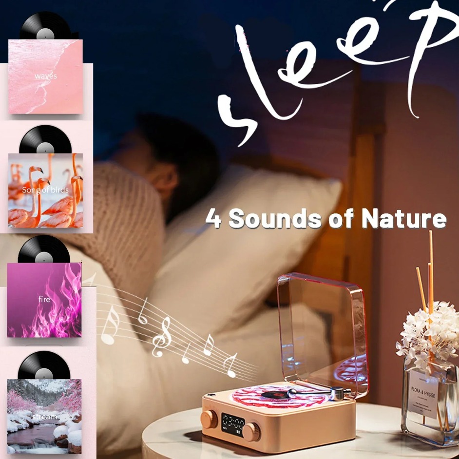 Boxă bluetooth cu player de vinil waves și zgomot alb, platan retro, ajutor pentru somn, difuzor în formă de vitrola cu lumină rgb