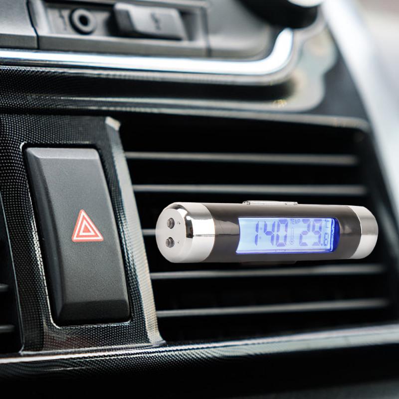 1Pcs Draagbare 2 In 1 Auto Digitale Klok En Temperatuur Display Elektronische Klok Thermometer Auto Automotive Blauw Met Clip