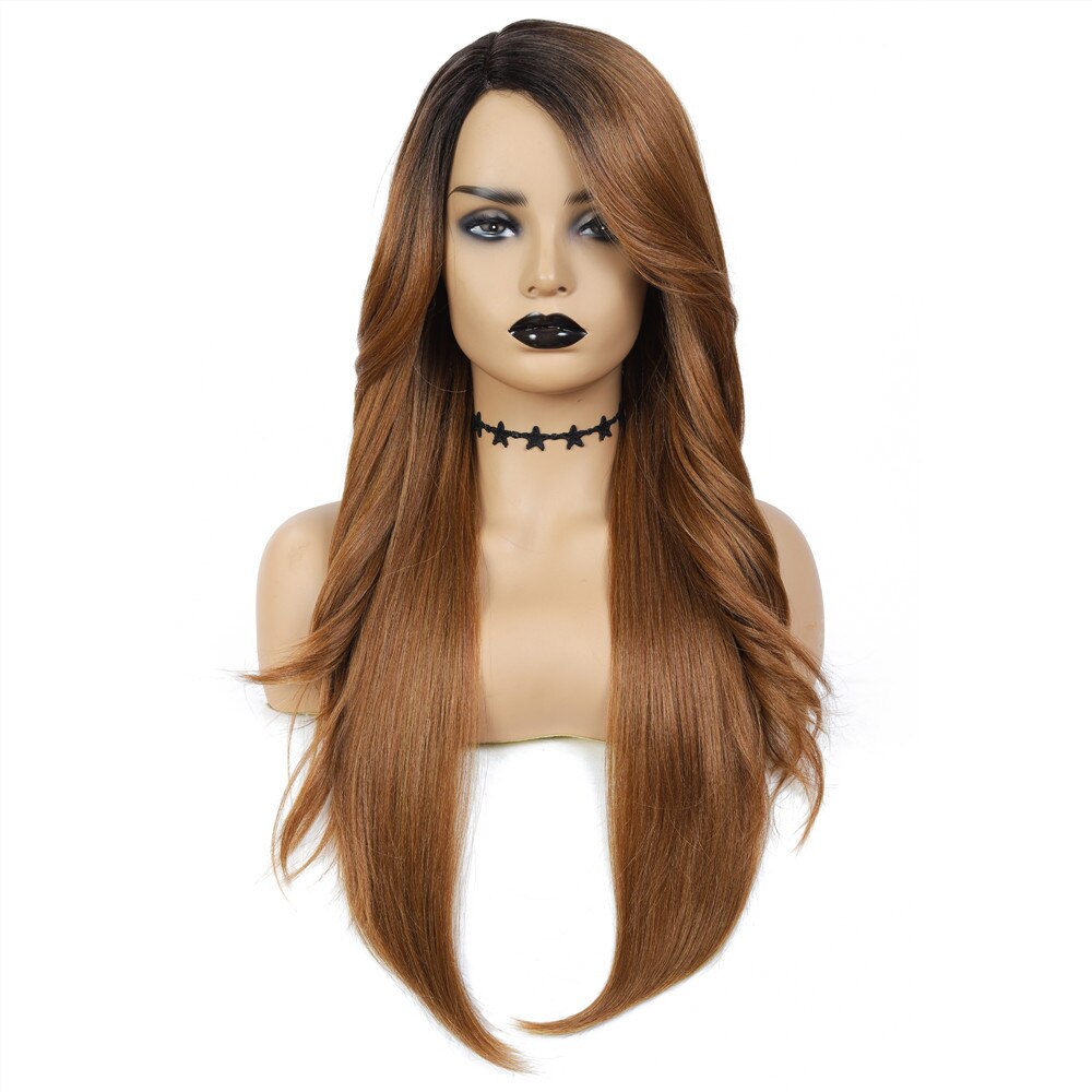 X-TRESS Split Color 2 Part Splice Wigs Black & Dark Red Heat Resistant Trendy Lace Front Synthetic Wig for White Women 26 Inches: DR27