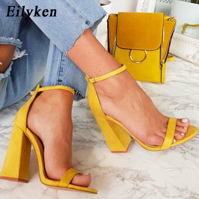 Eliyken sommar dam sandaler peep-toe spänne rem sandaler party leopardtryck gula fyrkantiga höga klackar 10.5cm sandaler