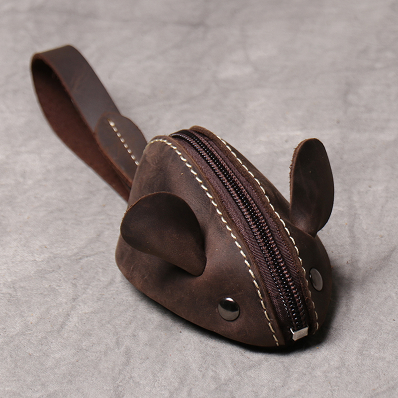 Porte-monnaie en cuir véritable, sac de rangement et mignon pour souris, tendance, poche à fermeture éclair, portefeuilles portables pour hommes et femmes, sacs à clés pour enfants: Marron