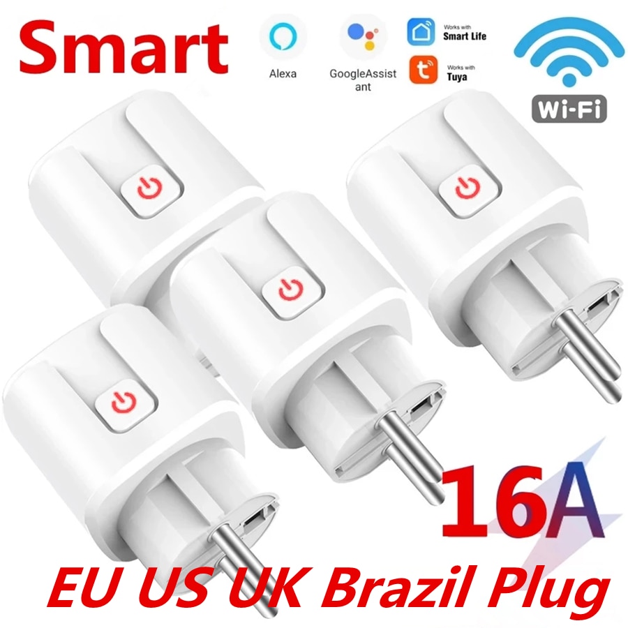 16A EU US Smart Wifi Power Plug with Power Monitor Smart Home Wifi Wireless Socket Outlet Works with Alexa Google Home Tuya App