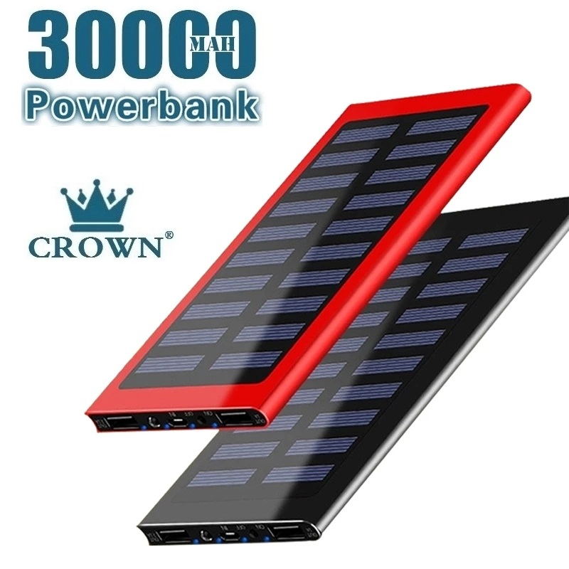Solar 30000mAh Power Bank Large Capacity Ultra Thin 9mm with LED Light External Solar Charger Travel Powerbank for Smartphone