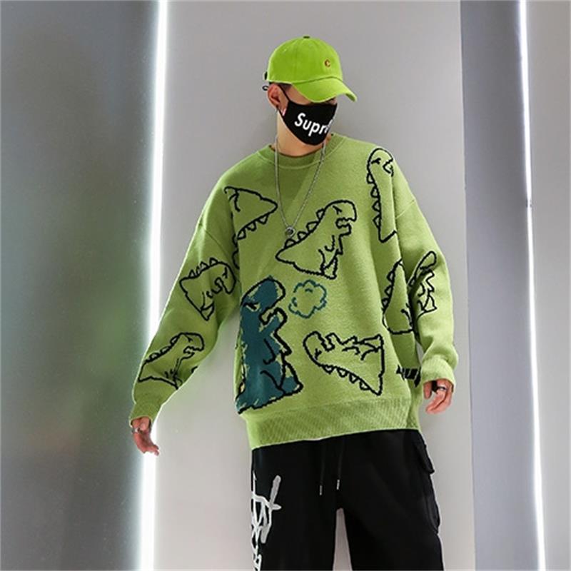 Suéter de punto Harajuku, ropa de calle con dibujo de dinosaurio de dibujos animados, ropa informal estilo Hip Hop, Tops informales verdes