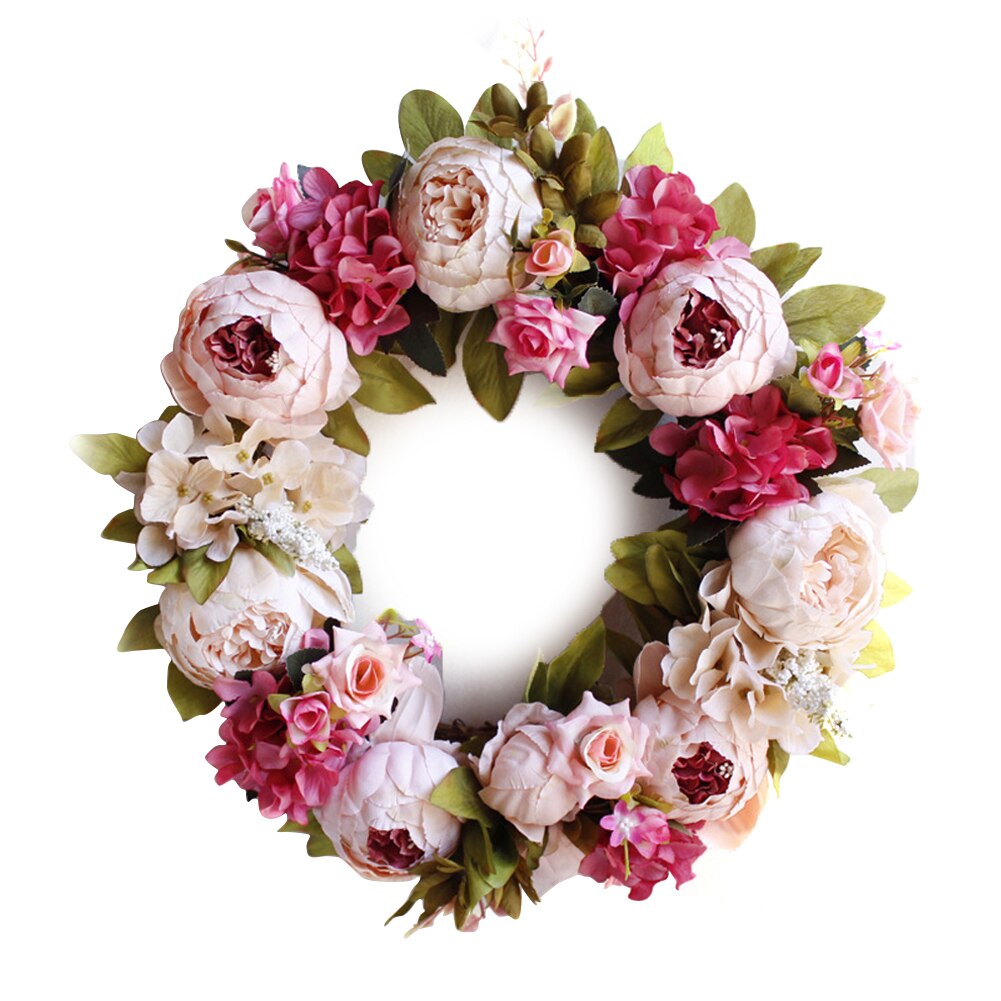 Corona de flores artificiales Vintage europea, corona de peonía para puerta de 16 pulgadas, corona de primavera, corona redonda para decoración de Festival de boda: A