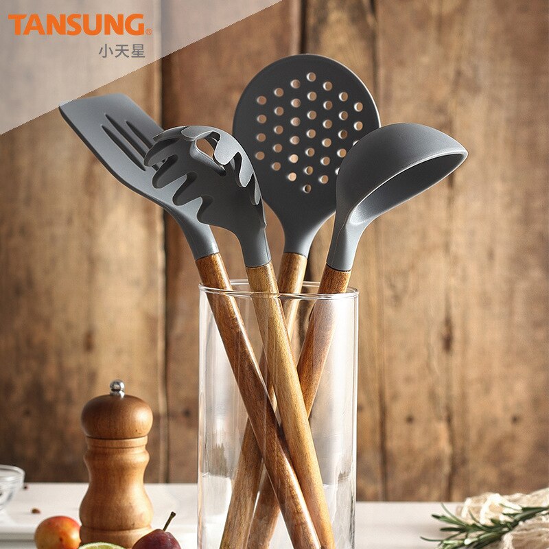 Kitchen Utensils Silica Gel Cooking Spoon Leaky Spoon Acacia Wood Spatula Wooden Handle Silicone Kitchenware Set Spatula