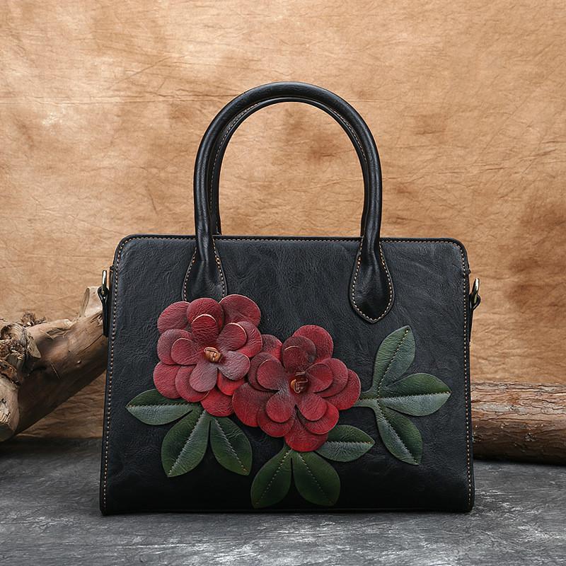 Johnature sac à main fait main Vintage femmes grand sac grande capacité en cuir souple épaule sacs de messager cabas décontracté pour femme: Black