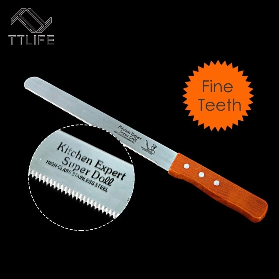 10 Inch Stainless Steel Layered Cutter Dough Bread Knife Wooden Handle Fine Flat Tooth Knife Baking Utensil Kitchen Pastry Tools: Fine teeth