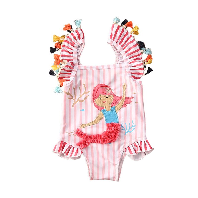 Little Girls Bikini Swimwear Swimsuit Bathing Suit Striped Tassels Cute Mermaid Onepiece Swimming Suits for 1-7Years Girls: 110