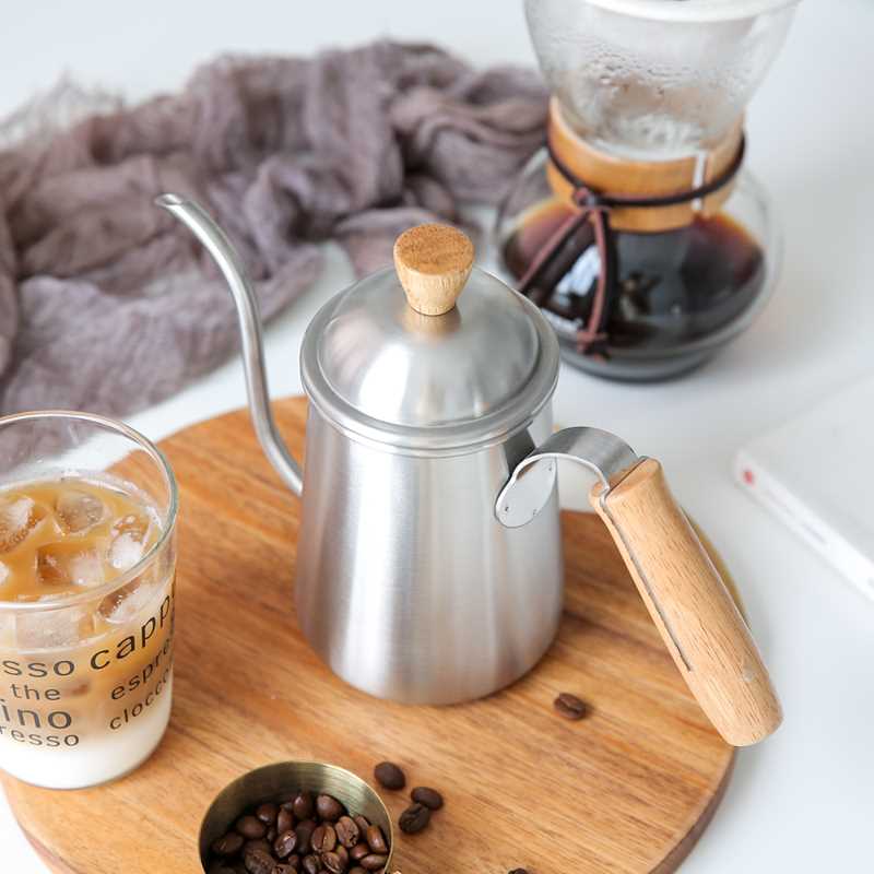 De café de acero inoxidable goteo de agua Delgado Caño erogación café Pour café de mango de madera leche Moka tetera proveedor