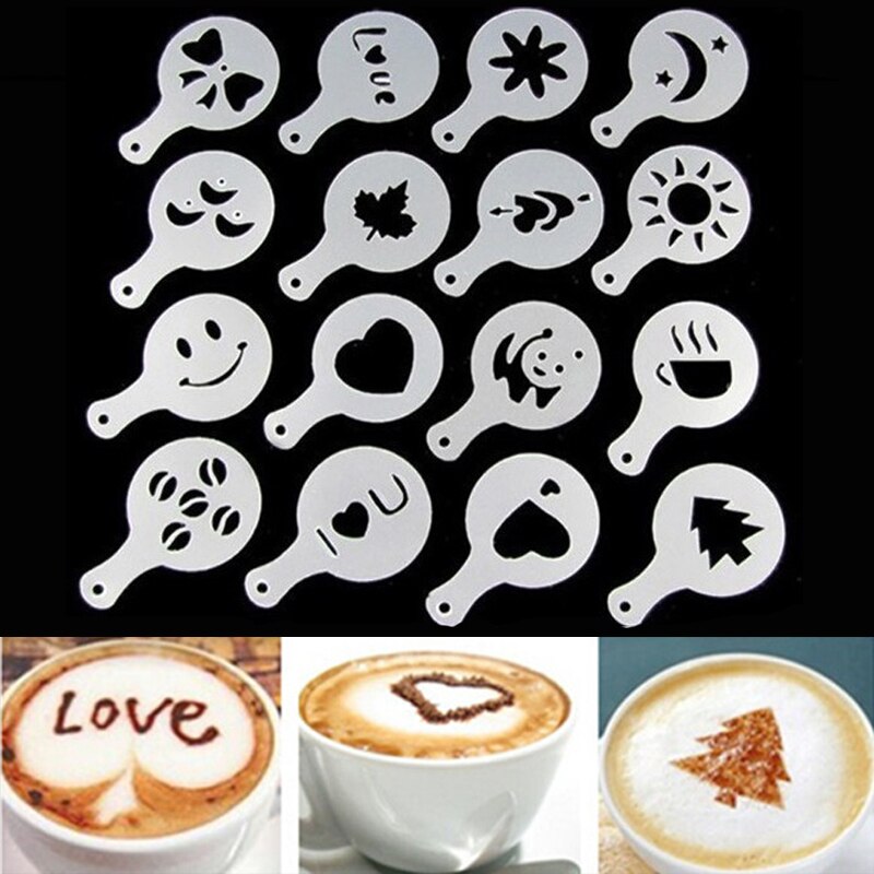 16 Stks/set Plastic Cafe Schuim Spuiten Template Barista Stencils Decoratie Tool Garland Mold Fancy Koffie Afdrukken Bloem Model