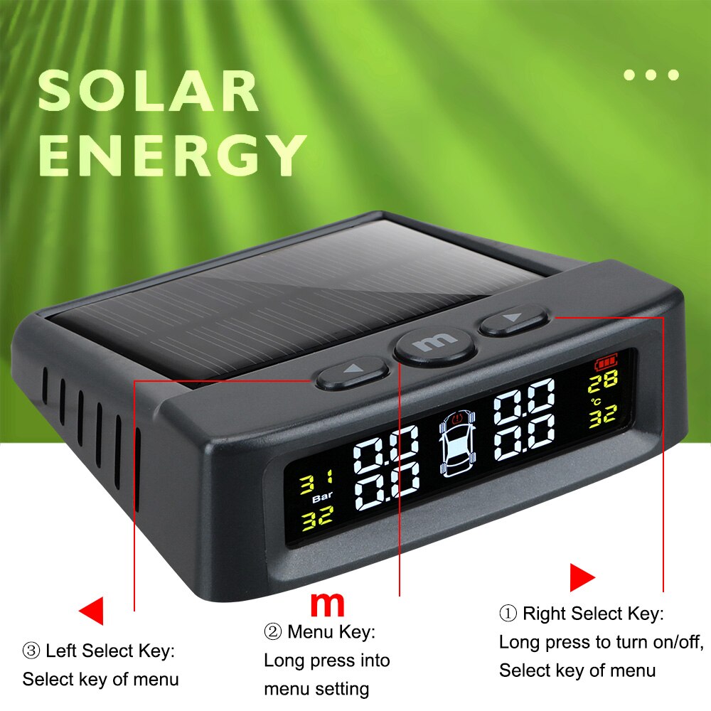 Solar TPMS Tire Pressure Monitoring System Car Tyre Pressure Monitor External/Built-in With 4 External Sensor Tire Accessories