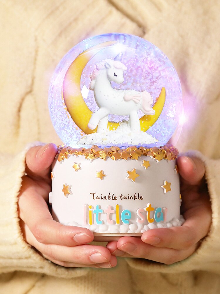De proyección de cristal caja de música con forma de bola de cristal música copo de nieve carrusel chica de Cumpleaños globo de nieve