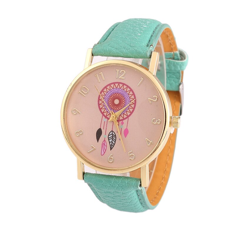 Reloj atrapasueños de para mujer, relojes casuales, de cuero, de cuarzo, LZ4097: Mint Green