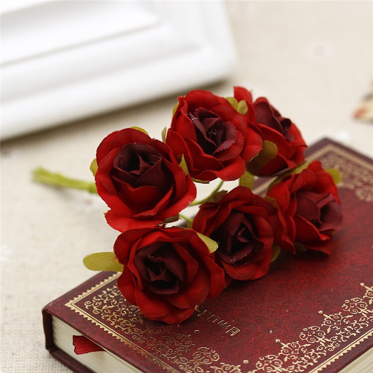 Buquê de flores artificiais 6 peças, mini rosas, para casamento, decoração para casa, para scrapbooking, artesanato faça você mesmo, caixa de doces, decoração de presente: Vermelho