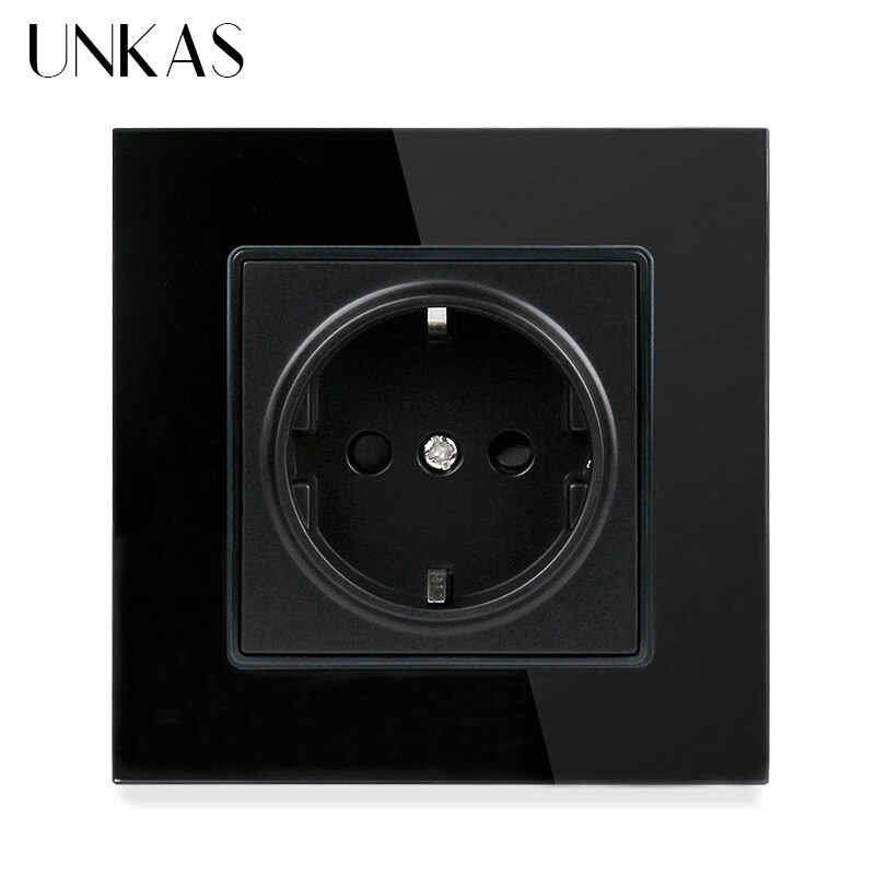 UNKAS Russia Spain EU Standard 16A Wall Socket Dual USB Charge Port Tempered Crystal Glass Panel Black White Grey Outlet: 86 EU Black