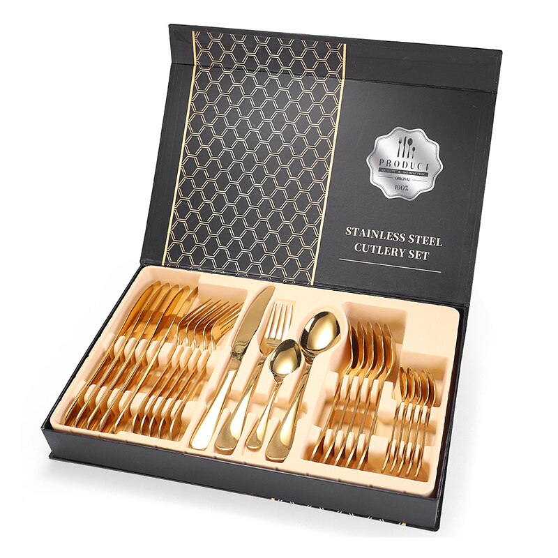 24 stk / sæt rustfrit stål service bestik sæt cutter gaffel ske hjem køkken spisestue  xh8z: Guld