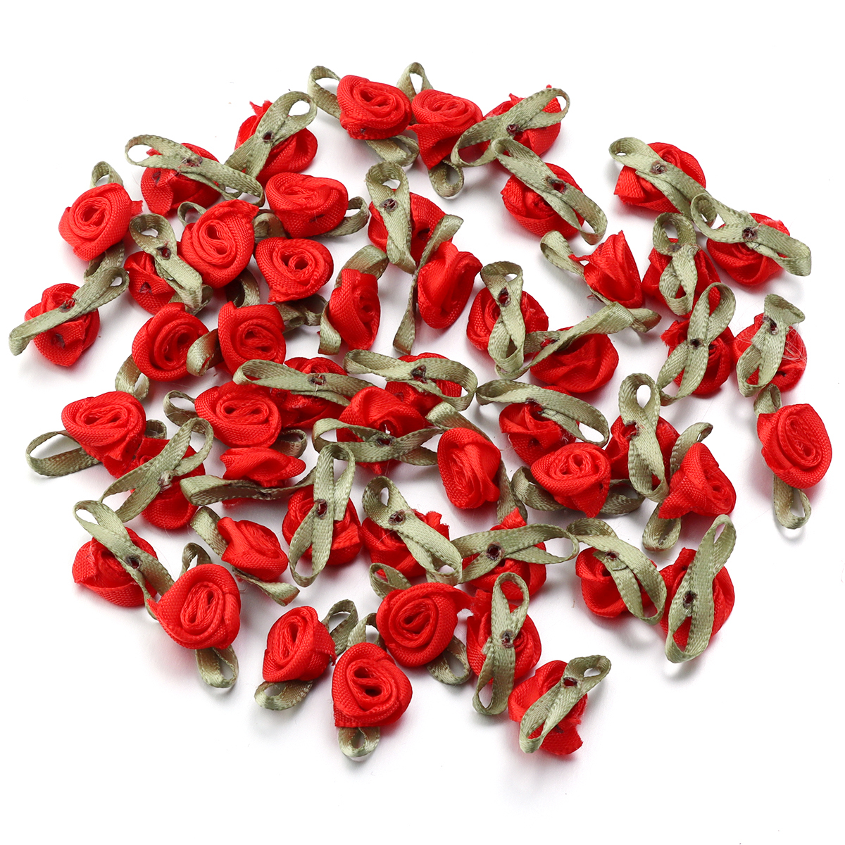 Cinta de satén para manualidades, 50 piezas, brotes de rosas de 1,5x2,5 cm, flores con hojas verdes para álbumes de recortes, sombreros, prendas de vestir, suministros de decoración de boda