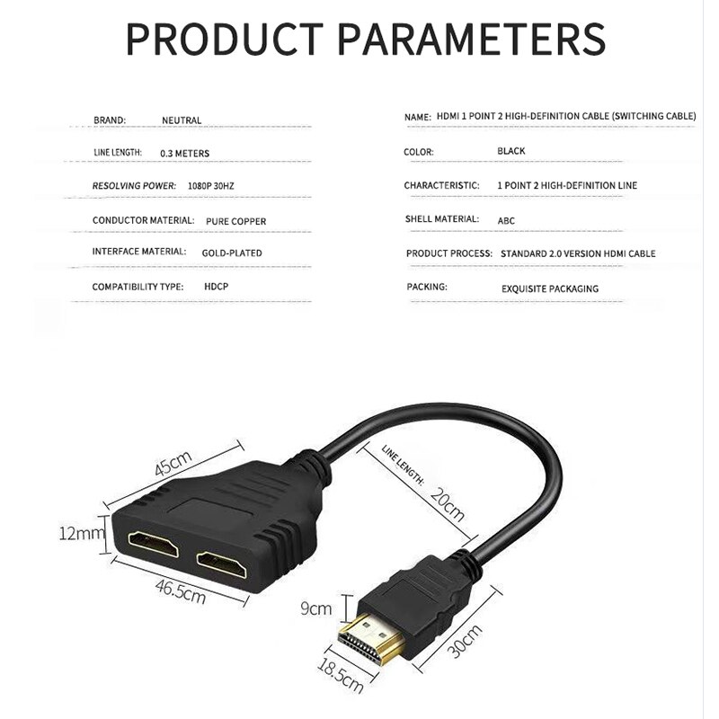 Profession HDMI Adapter Cable 1 Male To Dual HDMI 2 Way Female 4K 3D Y Splitter Cable for Laptop TV Monitor 1080P 1 in 2 Out PC