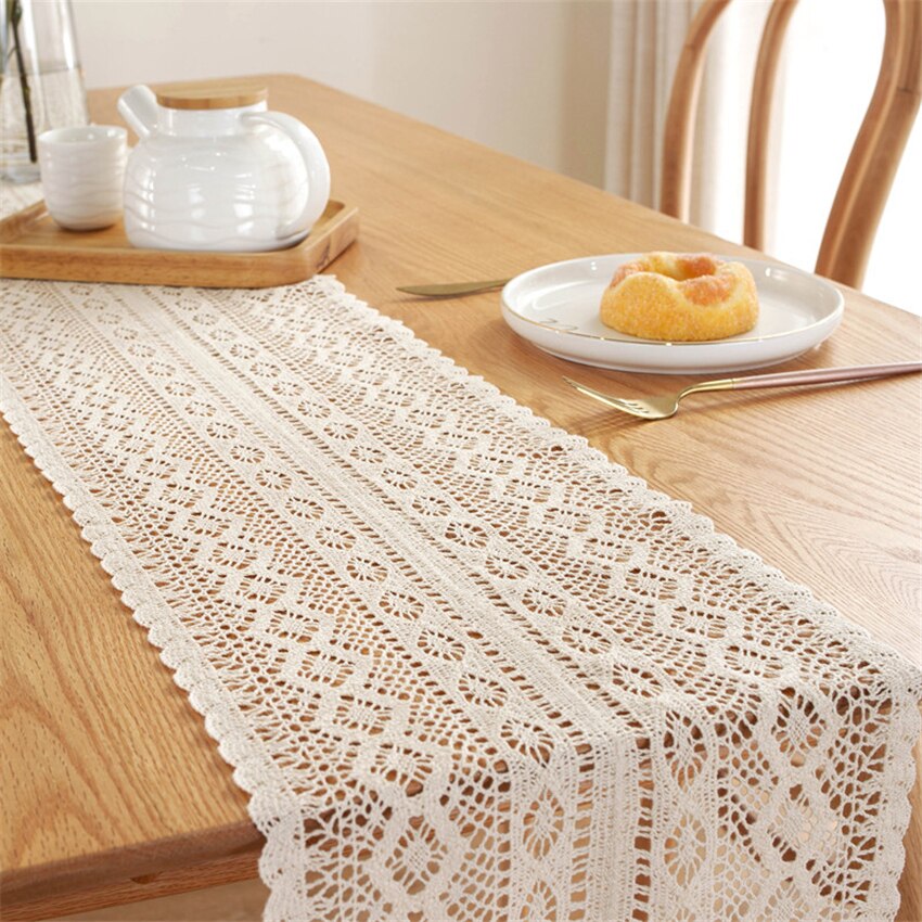 Chemin de Table Pastoral en dentelle fait à la main avec pompon, Crochet de campagne, tricot ajouré en coton, chemin de Table, ornement de Table à manger: 24X140cm