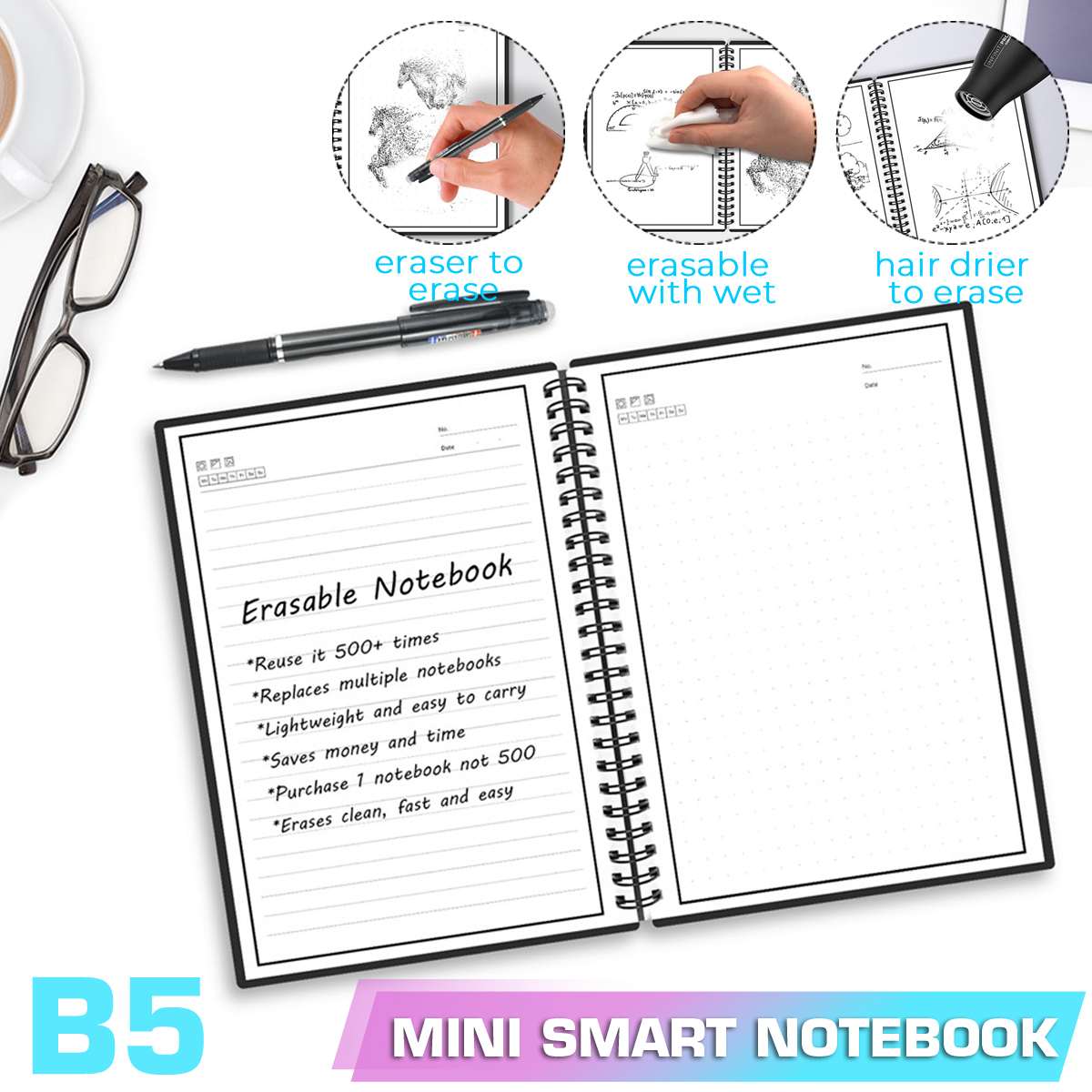 B5 Smart Reusable Notebook Erasable Wirebound Notebook Cloud Storage App Paperless Waterproof Hardcover Diary Book