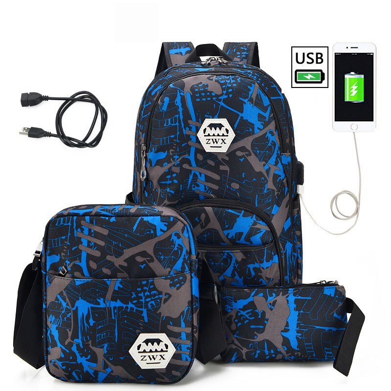 3 pièces/ensemble USB mâle sacs à dos lycée sacs pour femmes garçons une épaule grand étudiant voyage sac hommes école sac à dos mochila
