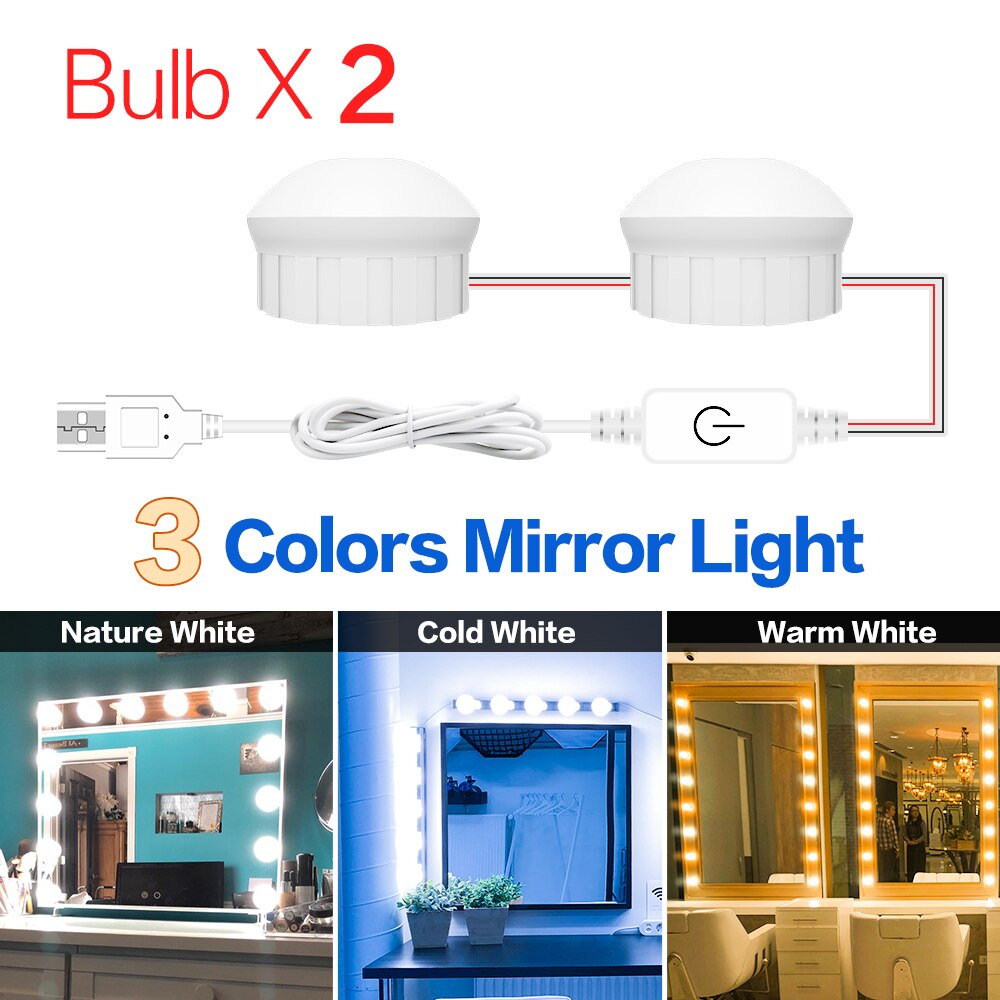 Led Vanity Light Makeup Mirror Light Bulb 12V LED USB Cable Powered Dressing Table Make Up mirror Lamp Decor Bathroom Wall lamp: 3 Colors 2 Bulbs